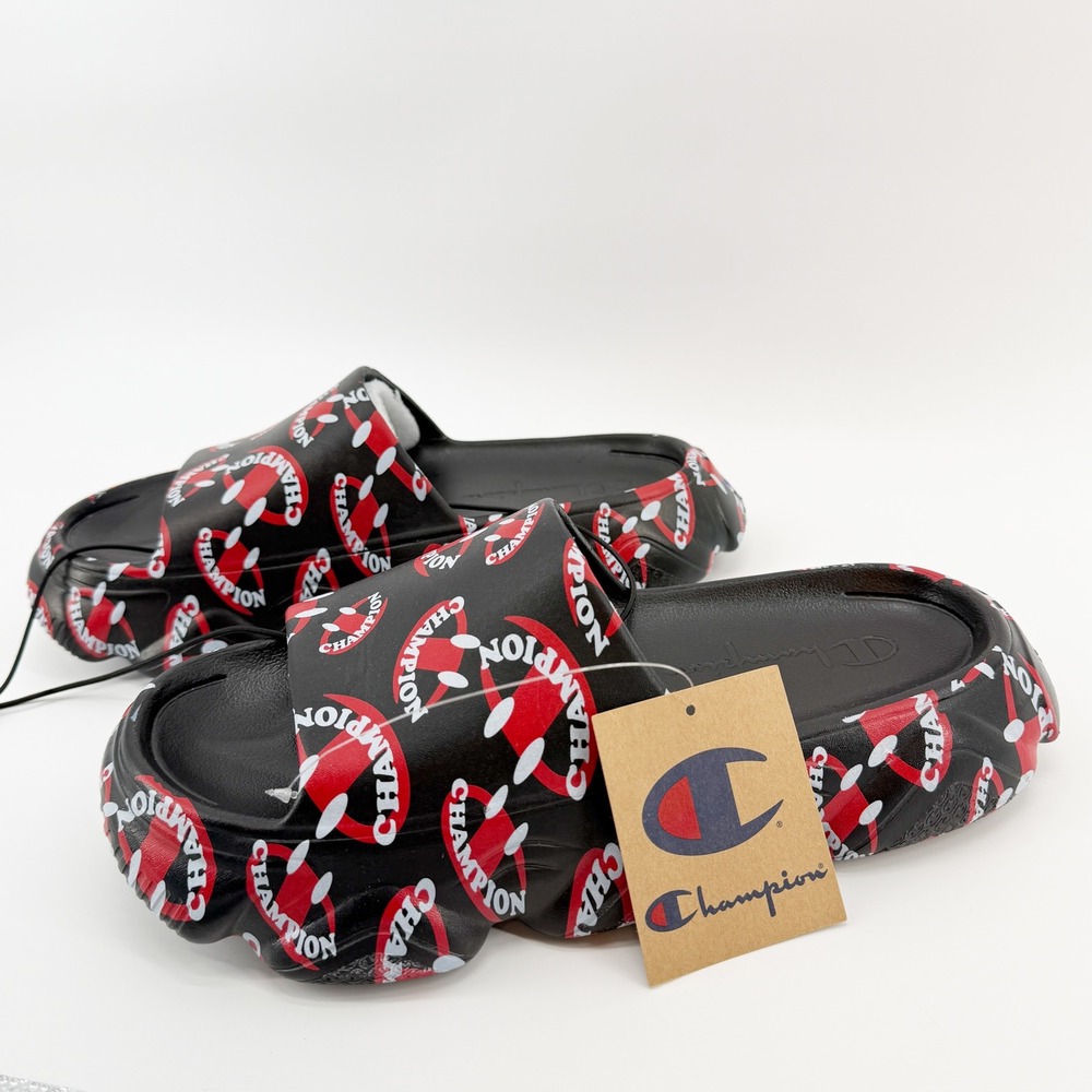 Champion Meloso Squish Smile Slides Sandals Mens Size 9 Black Red Pool Comfy NEW - Picture 8 of 8
